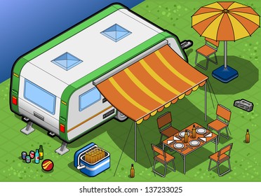 detailed illustration of a isometric trailer in camping in  rear view