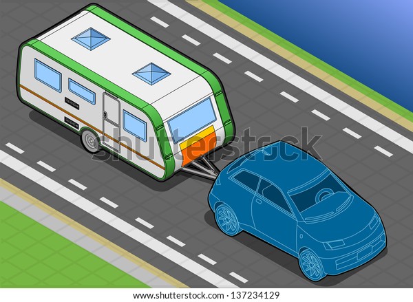 detailed illustration of a isometric trailer and car
in front view