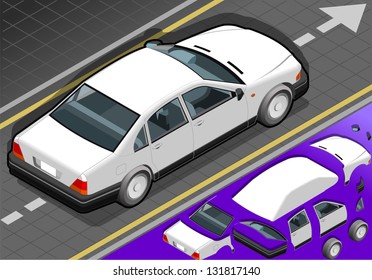 Detailed illustration of a isometric white car in rear view