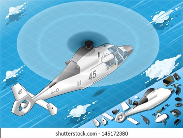 Detailed illustration of a Isometric White Helicopter in Flight in Rear View