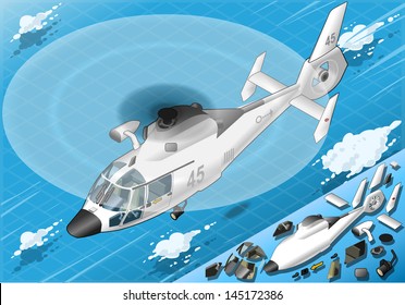 Detailed illustration of a Isometric White Helicopter in Flight in Front View