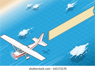 Detailed illustration of a Isometric White Plane in Flight with Aerial Banner in Front View