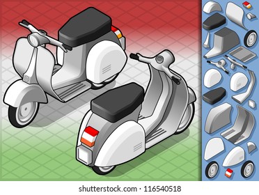 Detailed illustration of a isometric white scooter in two position