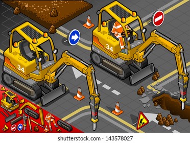 detailed illustration of a isometric worker piloting mini chisel excavator in front view