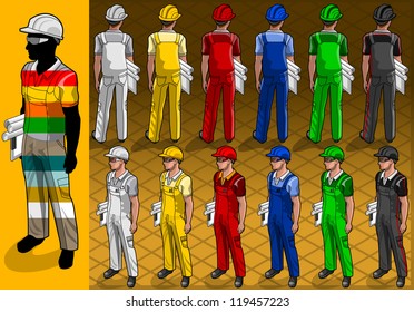 Detailed illustration of a isometric workers in two position  This illustration is highly customizable, just change the basic color of the dress and the lights and shadows automatically adjust.
