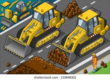 Detailed illustration of a isometric yellow bulldozer in front view