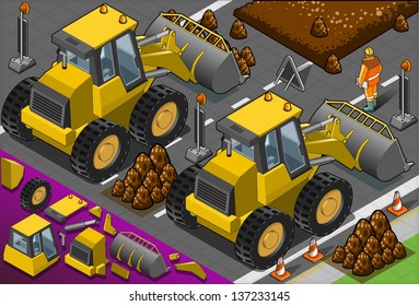 Detailed Illustration Of A Isometric Yellow Bulldozer In Rear View