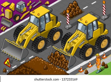 Detailed Illustration Of A Isometric Yellow Bulldozer In Front View