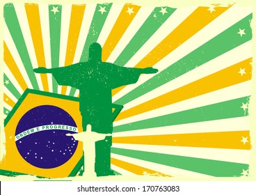 Detailed Illustration Of The Jesus Statue Of Rio De Janeiro In Front Of A Grungy Brazilian Flag Backbround, Eps 10 Vector