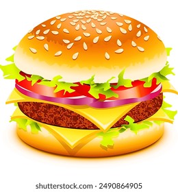 Detailed illustration of a juicy hamburger with lettuce, tomato, cheese, and onions in a sesame seed bun. Perfect for menus, food blogs, and culinary designs