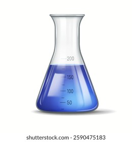 A detailed illustration of a laboratory flask filled with blue liquid showing measurement markings. The flask is isolated on a white background, depicting a scientific theme.