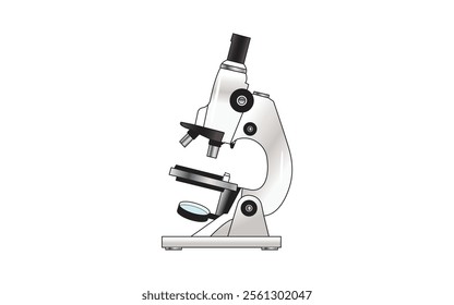 A detailed illustration of a laboratory microscope with clean lines, metallic components, and a white background, ideal for educational, scientific, or medical purposes.