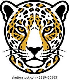 Detailed illustration of a leopard's face with striking patterns and bold colors