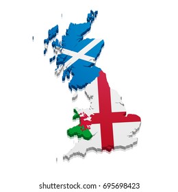 detailed illustration of a map of England, Scotland and Wales with their nationnal flag, eps10 vector