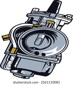 Detailed illustration of a mechanical carburetor, showcasing intricate engineering and automotive design, ideal for technical and educational projects.