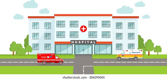 Detailed illustration of  medical center building and two ambulance cars in a flat style.