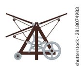 Detailed illustration of a medieval siege engine catapult with wheels. Depicting historical warfare technology, ancient machinery, and mechanical engineering for educational projects.
