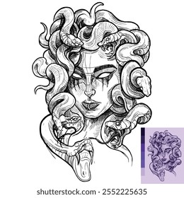 Una ilustración detallada de Medusa, la Gorgona con una cabeza de serpientes, mostrando su intensa mirada y su intrincado cabello de serpiente.