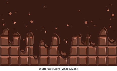 A detailed illustration of melted chocolate dripping over a rich milk chocolate bar, creating a sweet and enticing visual. Perfect for confectionery, food, and dessert design concepts or backgrounds.