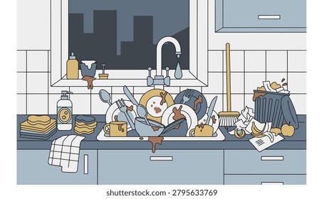 Detailed illustration of a messy kitchen scene with a pile of dirty dishes in the sink, leftover food, and trash overflowing from a bin.