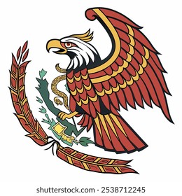 A detailed illustration of the Mexican national emblem, featuring an eagle perched on a cactus with a snake in its beak. This iconic symbol is perfect for showcasing Mexican culture, history.