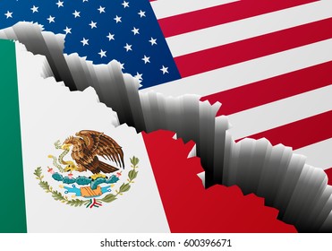 detailed illustration of Mexican and US national Flag with a deep crack, symbol for crisis and problems, eps10 vector