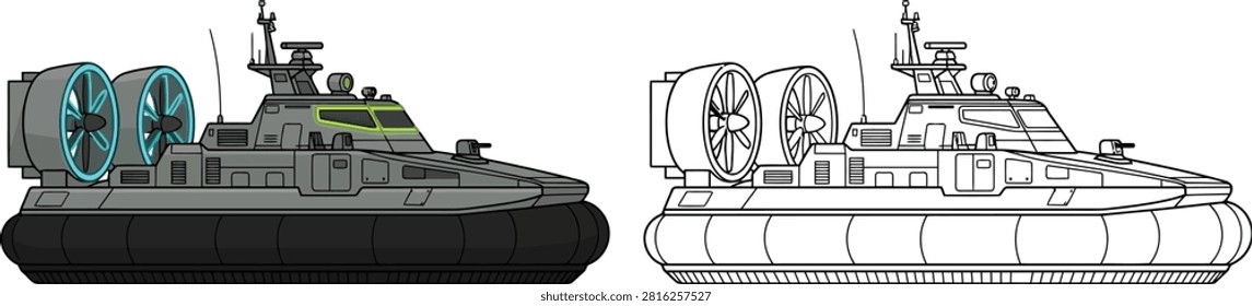A detailed illustration of a military hovercraft with two large fans and a line drawing version