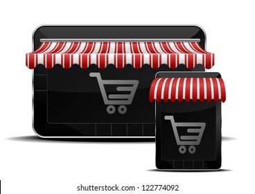 detailed illustration of mobile devices with shopping icons