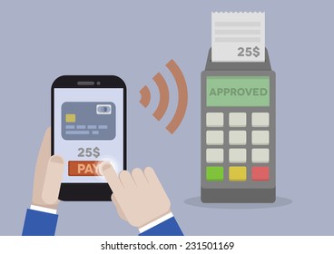 detailed illustration of mobile payment using smartphone and terminal, eps10 vector