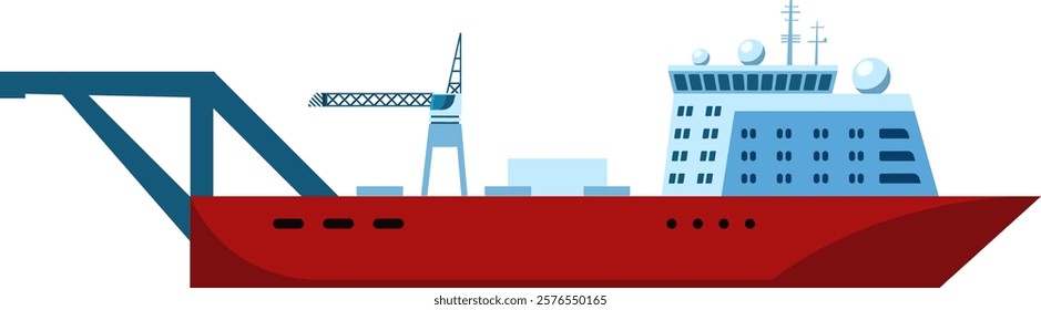 Detailed illustration of a modern cargo ship featuring a prominent industrial crane. The design highlights the ship s structure and maritime technology, emphasizing transportation and shipping