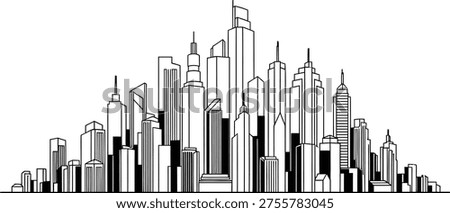 A detailed illustration of a modern cityscape with numerous high-rise buildings and skyscrapers in a black and white stylized drawing