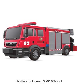 A detailed illustration of a modern fire truck used by the city fire department for emergency response and rescue operations. 