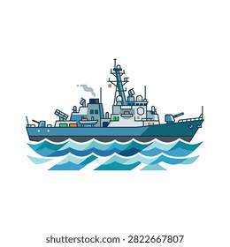 A detailed illustration of a modern warship with multiple decks and weaponry, navigating through choppy blue ocean waves.