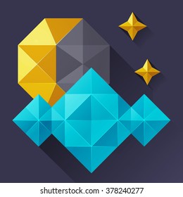 Detailed illustration of the moon & cloud like a crystal. Weather icon. On a dark gray background. 
