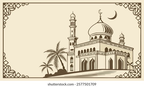 A detailed illustration of a mosque with palm trees suitable for business applications and designs