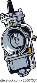 Detailed illustration of a motorcycle carburetor, showcasing intricate engineering and mechanical artistry. Perfect for automotive and mechanical design enthusiasts