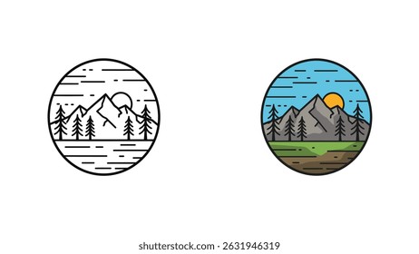 A detailed illustration of mountains, trees, and a sun within a circular frame, showcasing a minimalist design.