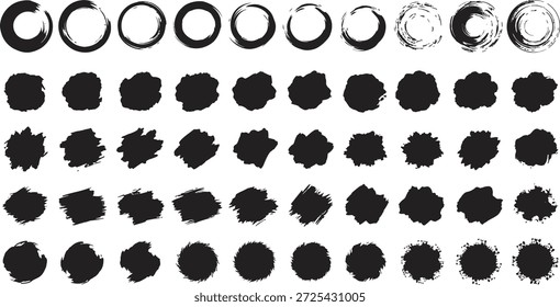 Uma ilustração detalhada de várias linhas de traçados circulares de pincel em preto-e-branco em tamanhos e opacidade variados