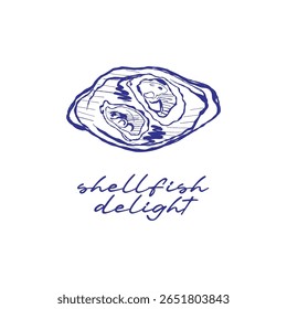 Detailed illustration of mussels and shellfish in a marine setting. Hand-drawn bivalves shown with artistic textures and ocean-inspired colors.