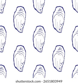Detailed illustration of mussels and shellfish in a marine setting. Hand-drawn bivalves shown with artistic textures and ocean-inspired colors.