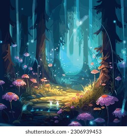 A detailed illustration of a mystical coniferous forest