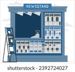 Detailed illustration of newspaper shop. Exterior of newsstand building, shop or kiosk with newspapers. Street press and news or business magazines stall, bookshop or paper store stand. 2486