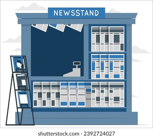 Detailed illustration of newspaper shop. Exterior of newsstand building, shop or kiosk with newspapers. Street press and news or business magazines stall, bookshop or paper store stand. 2486