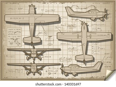Detailed illustration of a Old Plane Project in Five Orthogonal views