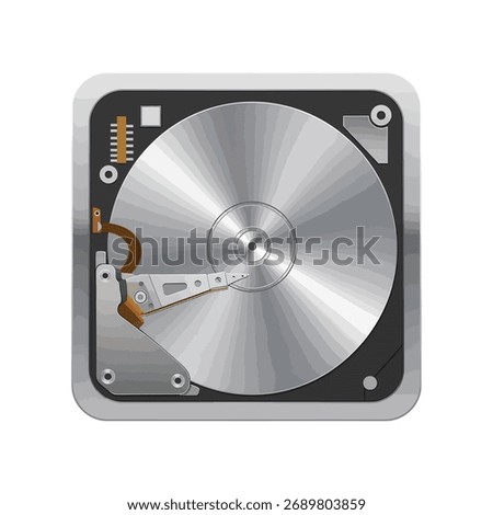 Detailed illustration of an open computer hard disk drive revealing internal data storage components and read write head mechanism