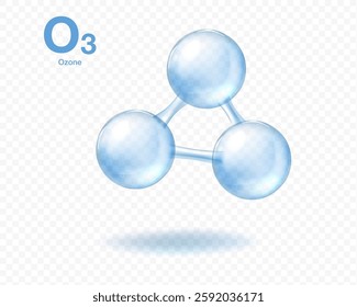 Detailed illustration of an ozone molecule consisting of three connected atoms in a triangular shape with a transparent background emphasizing molecular structure.