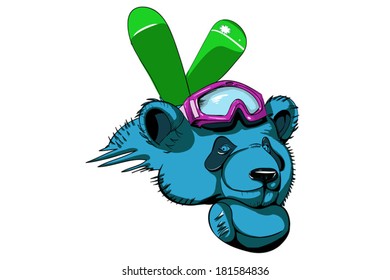 Detailed illustration of panda with skis and goggles, no gradients used, no blends used, no transparency used, illustration is expanded and easy to edit by global swatches 