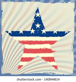 detailed illustration of a patriotic star with american flag on a grungy background, eps 10 vector