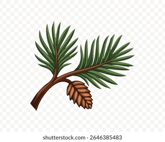 A detailed illustration of a pine branch with a cone, perfect for nature-themed designs. Isolated on a transparent background, 