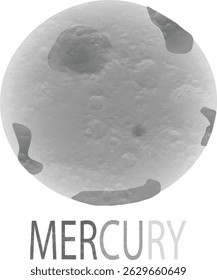 Detailed illustration of planet Mercury, featuring its cratered, rocky surface and close-up view of its unique terrain. Perfect for space exploration, astronomy, and educational content.